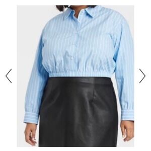 NWT AVA & VIV Womens Blue White Stripe Cropped Button Up Shirt XXL